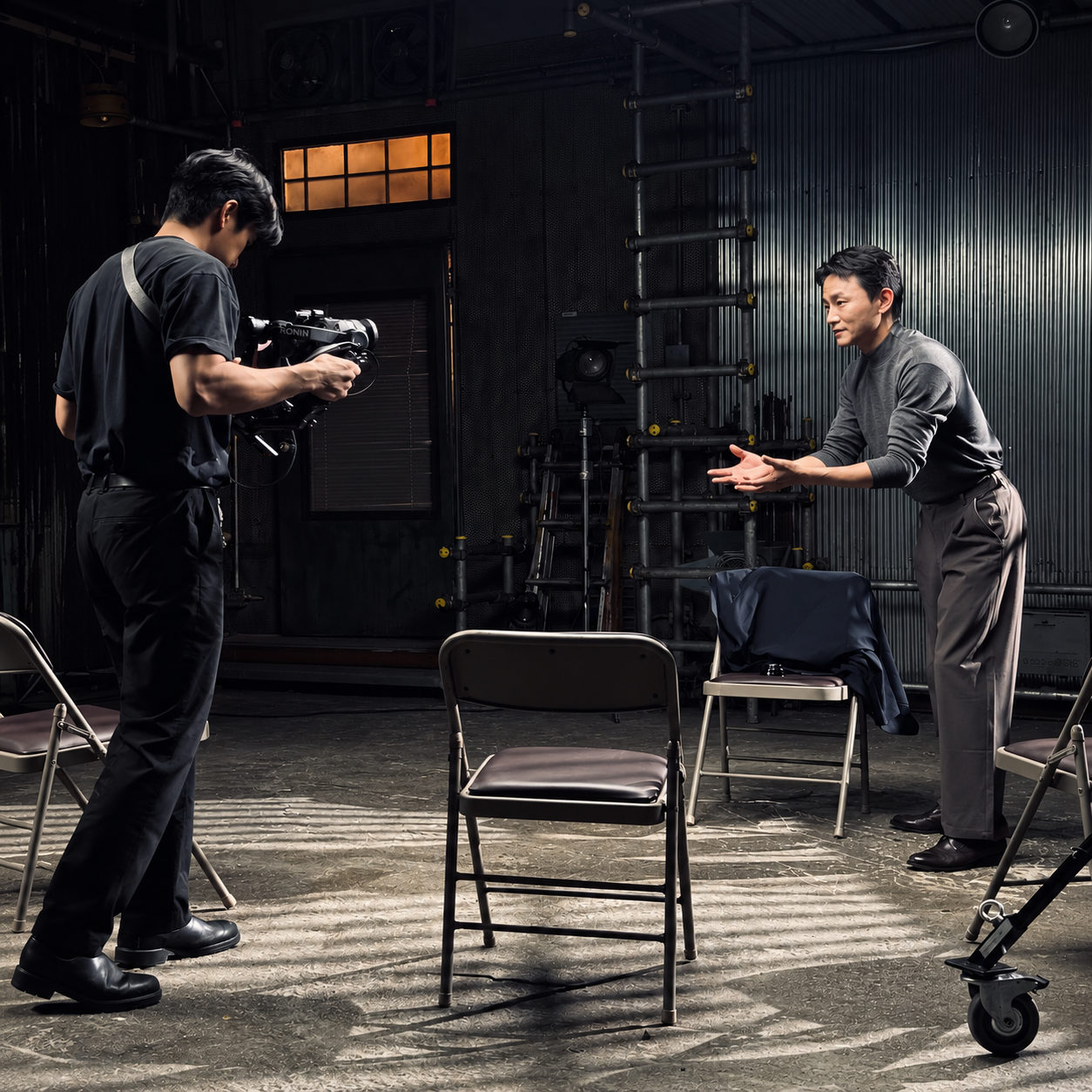 Jun Hee Lee filming an actor on set